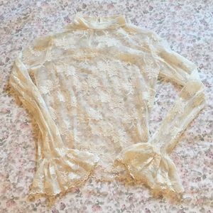 Vintage Cream Sheer Lace Mock Neck Blouse